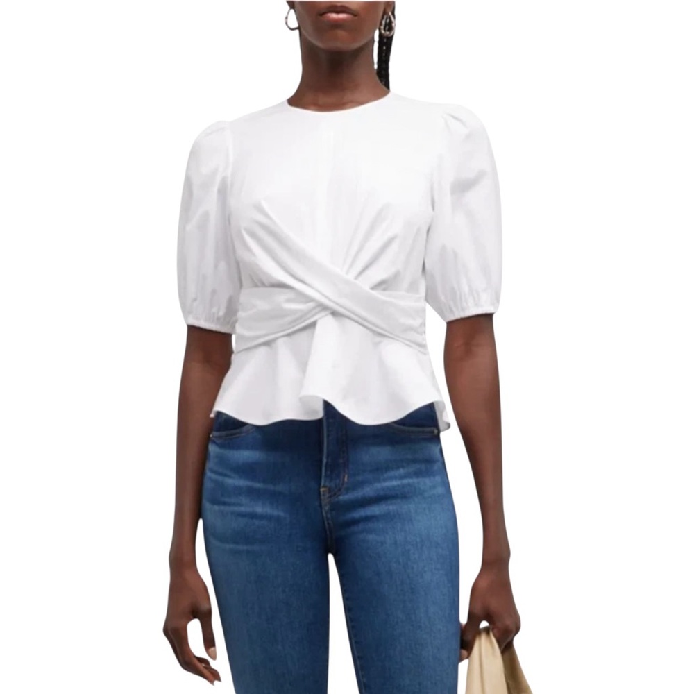 Veronica Beard Womens White Arvilla Crisscross Short Sleeve Peplum Top Sz 10